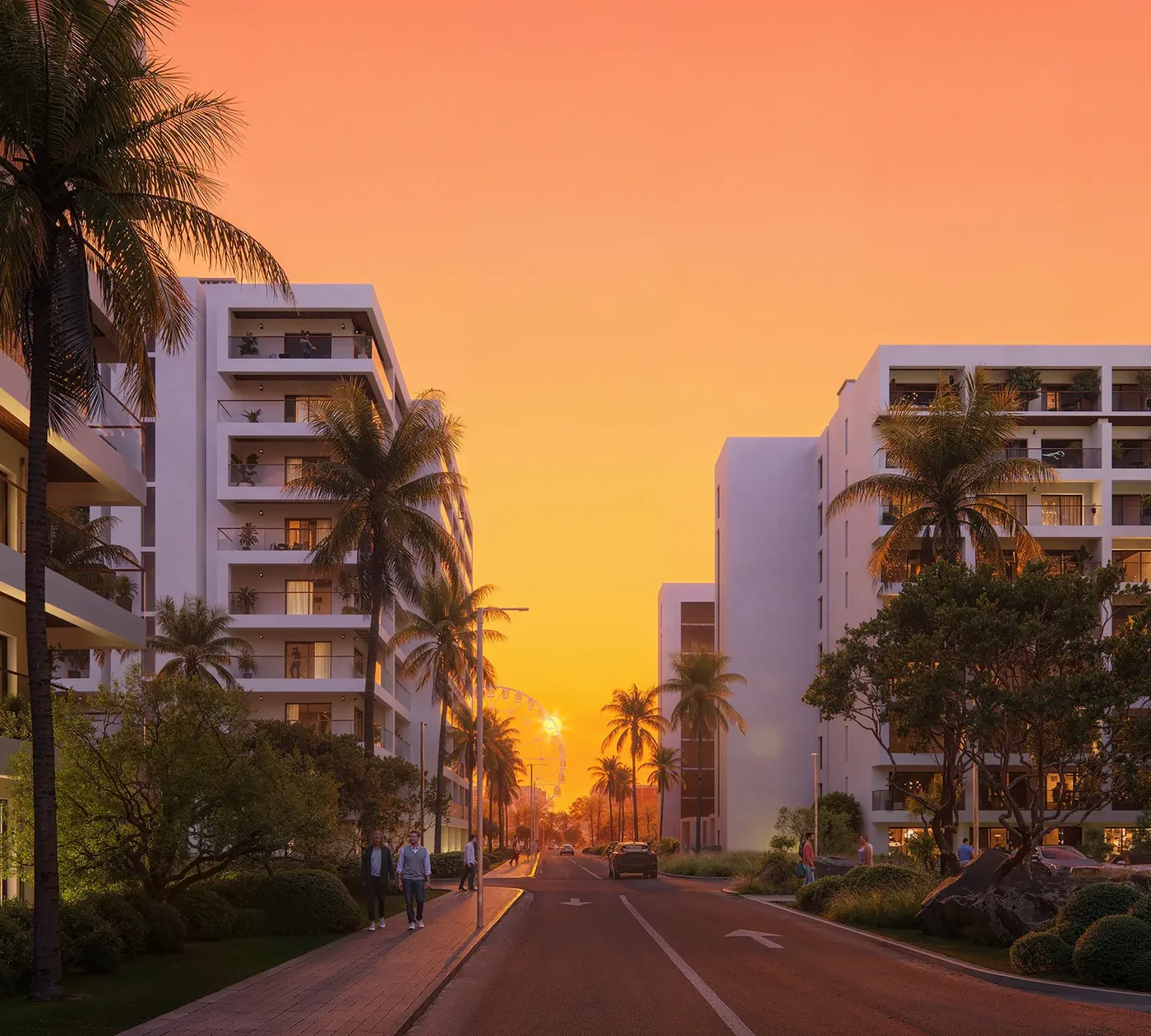 Визуализация: Park Residences 3: улица между корпусами на закате